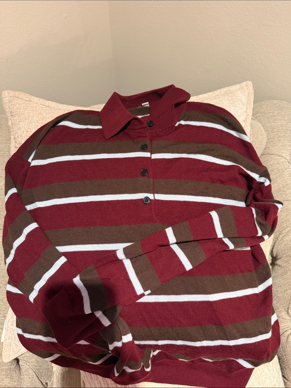 Madewell Burgundy, Brown & White Striped Polo Sweater